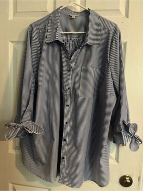 Women's Navy and White Striped Button-Front Blouse with Tie Cuffs